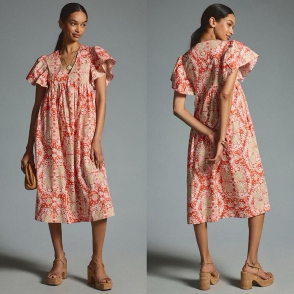 Anthro Maeve Printed Flutter-Sleeve Dress